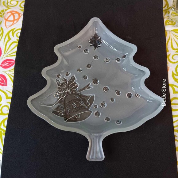 Celebrations - Christmas Tree Dish Plate Bowl Holly Bells Frosted Glass - 7.5" - Picture 1 of 4